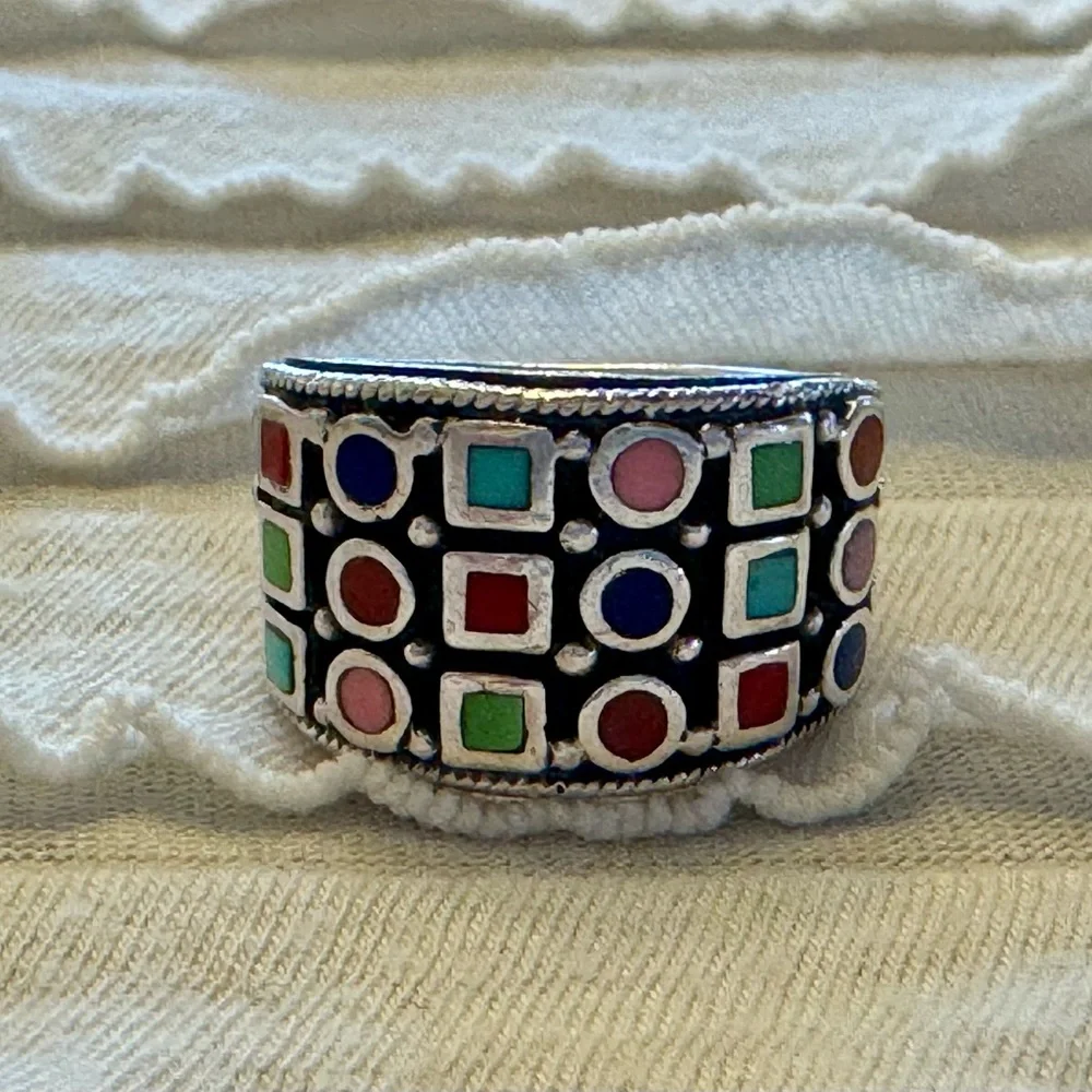 Vintage Enameled MultiColor Sterling Silver Wide Band Ring 925 Sz 6 Tribal Inlay